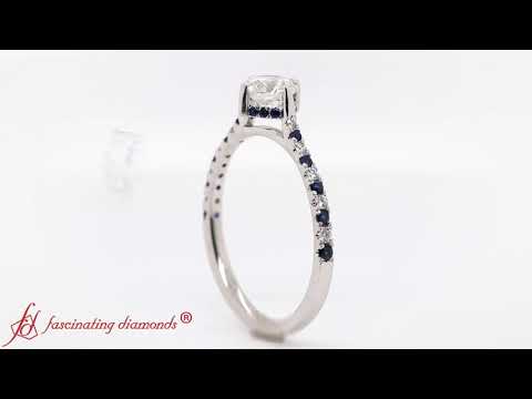 Compass Point Under Halo Lab Diamond Round Engagement Ring With Sapphire In White Gold