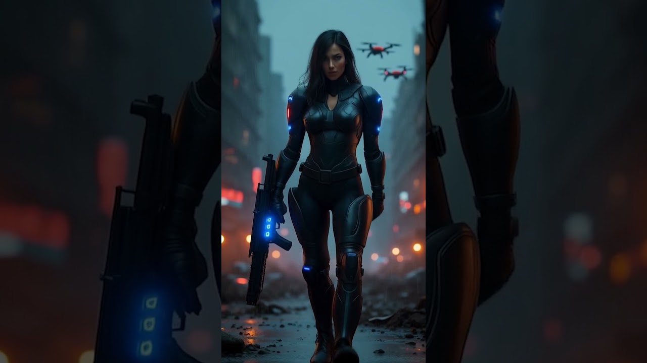 Futuristic Woman Soldier Walks Through War-Torn City | Epic Sci-Fi Cinematic