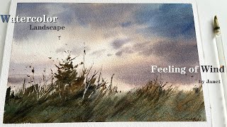 Watercolor landscape painting, feeling of wind