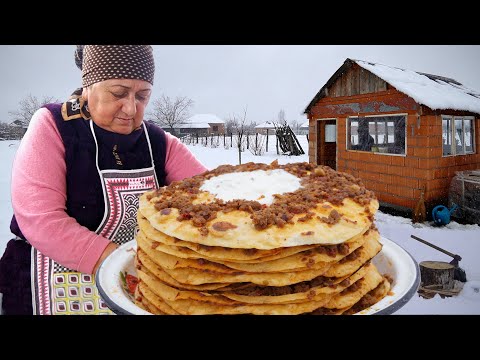 Turkish Traditional Cuisine - Delicious Meal with Meat and flatbread | Outdoor Cooking in Winter