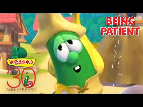 VeggieTales character (green veggie) in a yellow hood with 'Being Patient' text and a 30th Anniversary VeggieTales badge.