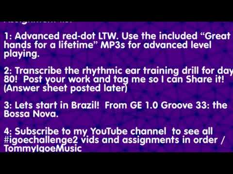 Day 80/20 assignment list and rhythmic ear training drill.