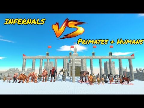 Infernals vs mutant primates + ancient humans 1 vs 1 fight with HP Bar
