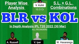 BLR vs KOL Fantasy Team Prediction |RCB vs KKR IPL T20 30 Mar|BLR vs KOL Today Match Prediction