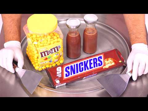 m&m's & Snickers Ice Cream Rolls - how to make the best Peanut and Chocolate Ice Cream | ASMR