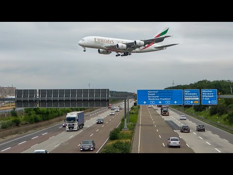 AIRBUS A380 above the MOTORWAY + BOEING 747 DEPARTURE with an A380 taxing (4K)