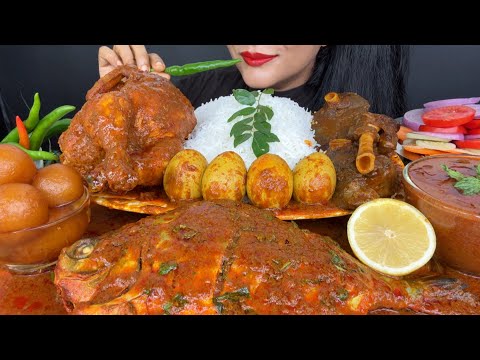 ASMR EATING SPICY MUTTON CURRY,FISH CURRY,CHICKEN CURRY,EGG CURRY,GULAB JAMUN