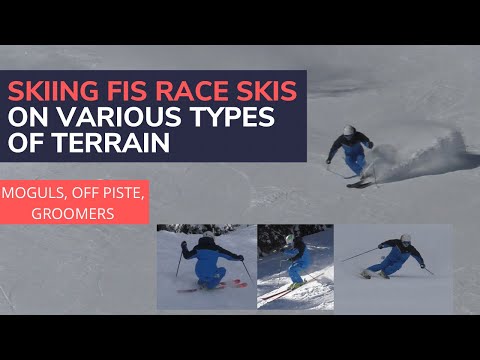 Skiing FIS Race skis on various types of terrain (moguls, groomed blue, groomed black)