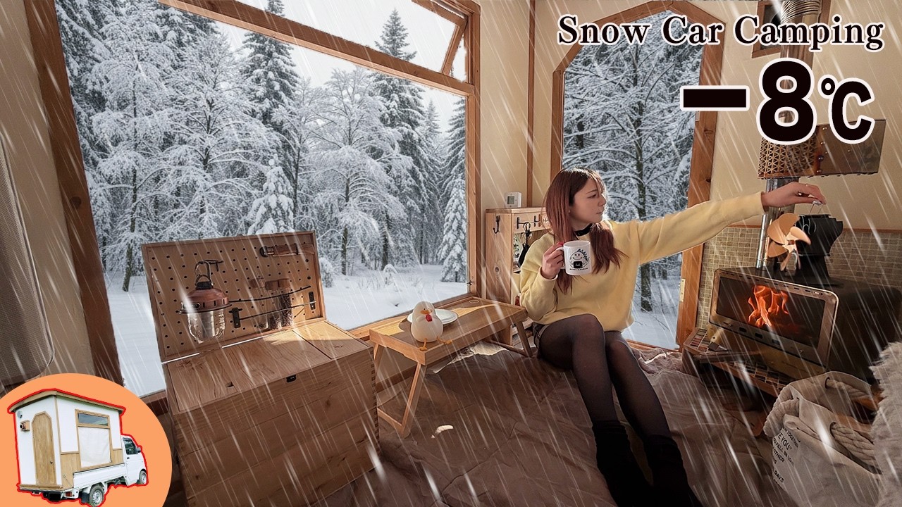 女ひとり銀世界に覆われた山奥で軽トラ車中泊...プロジェクターと薪ストーブで静寂な時間を過ごす贅沢な休日/snow car camping
