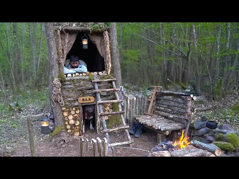3 Days SOLO SURVIVAL CAMPING; Build a 2 STORY TREE HOUSE. Bushcraft Shelter. Primitive Fishing