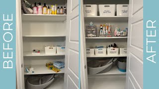 KIDS BATHROOM LINEN CLOSET ORGANIZATION // Bathroom Organization for Toddler & Baby