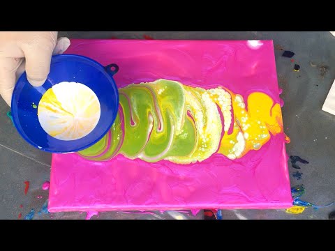 Acrylic Pouring Project Unity #3 - Funnel Pour Iridescent Pink Background Green Yellow Pour (56)