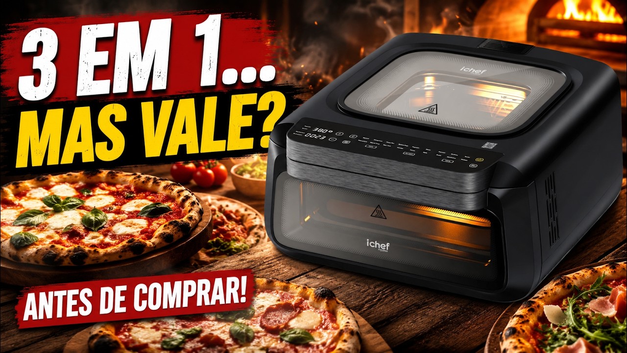 Miniatura da avaliação em vídeo de Fritadeira POLISHOP Master Kitchen ichef 3 em 1 – Airfryer, forno e Pizza (220 Volts)