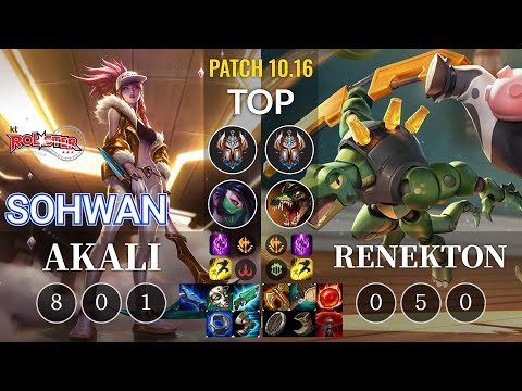 KT SoHwan Akali vs Renekton Top - KR Patch 10.16
