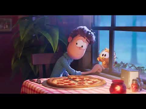 Trailer frame of Garfield in a satisfied lounge pose — a nod to the album’s upbeat, family-friendly vibe