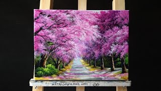 Beautiful Cherry Blossoms Road Acrylic Painting (canvas size: 12 x 16&quot;)