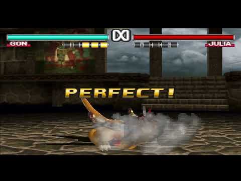 Tekken 3 move sweep Gon with king's moves (Head Bomber) on Julia in skirt.