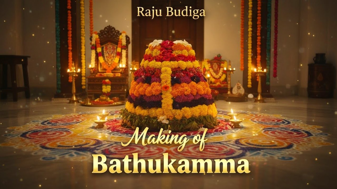 A vibrant Bathukamma floral arrangement showcasing traditional flower layering for the Telangana festival