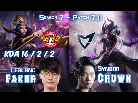 SKT T1 Faker LEBLANC vs SSG Crown SYNDRA Mid - Patch 7.11 KR Ranked