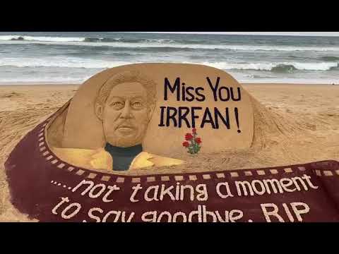 Irrfan Khan's SandArt at Puri beach in Odisha by Sudarshan Pattnaik