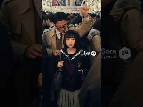 日本の満員電車の風景　主役は今風の女子学生　真後ろに親切に女性を守っている人がいる　隙間がないくらいの満員
