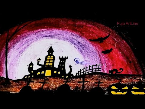 Halloween special/ How to Draw spooky scenery/ Halloween Drawings/witch house/scary, black cat