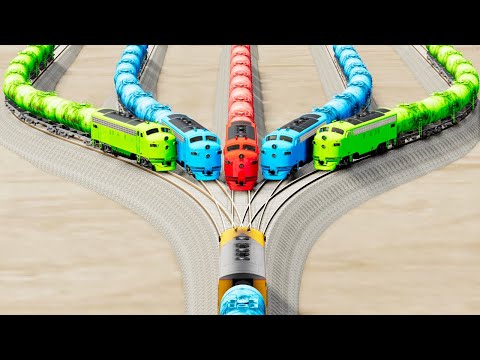 Impossible Multiple Overlapping Rail Tracks Crossover Vs Trains Crossing - BeamNG.Drive