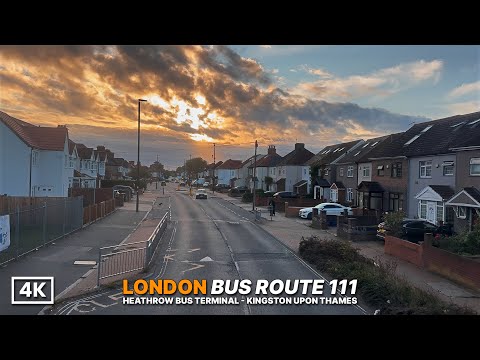 Early Morning London Bus Ride 🌅 | Route 111 Heathrow Airport to Kingston (2-Hour Full Journey in 4K)