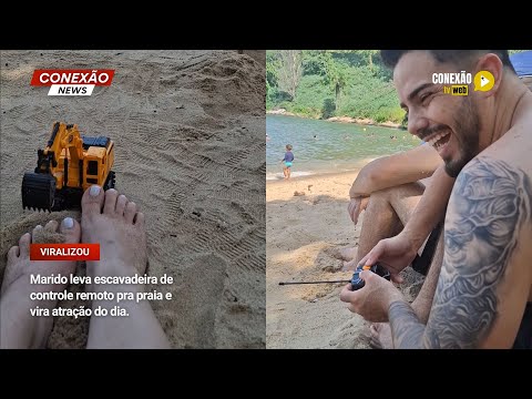 Vídeo: Marido leva escavadeira de controle remoto pra praia e vira atração do dia.
