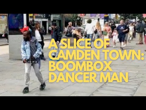 Camden Town: Red flower dancer man sets up boombox in NW1