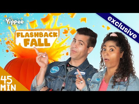 Two hosts in denim jackets gesture toward a bold 'FLASHBACK FALL' banner amid orange confetti and a large pumpkin on a bright blue background.