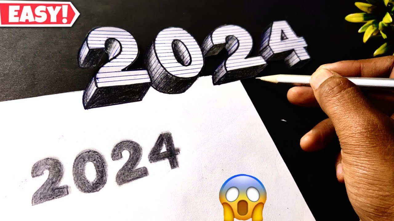 2024 Number 3d Drawing Trick, How to draw Happy New year 2024 3d , Step by step 3d art tutorial