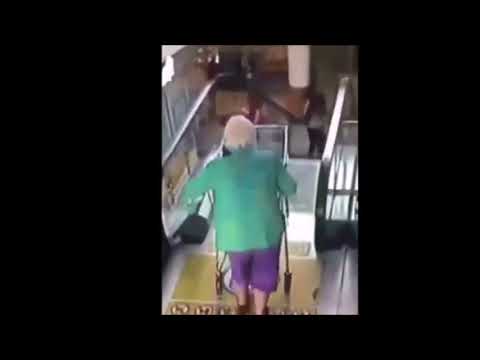Granny falls down the escalator