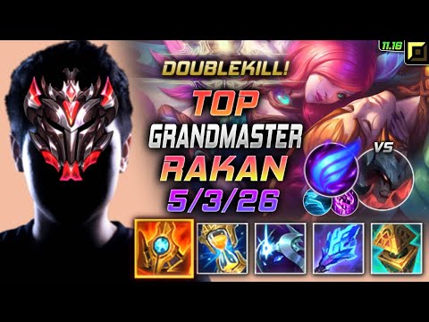 GrandMaster Rakan TOP vs Aatrox - 천상계 탑 라칸 템트리 룬 슈렐 난입 ラカン Рэйкан 幻翎 銳空 - LOL KR 11.16