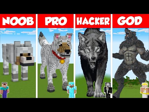 Minecraft REAL LIFE WOLF STATUE HOUSE BUILD CHALLENGE - NOOB vs PRO vs HACKER vs GOD / Dog Animation