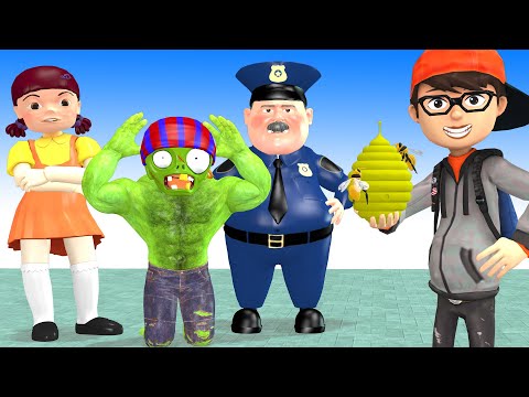 Fat Nick and Doll Squid Game Troll Giant Zombie vs Bee - Scary Teacher 3D Police Funny Animation