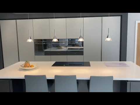 German Handle-less Kitchen - Large Island Ceiling Mounted Extraction Hood