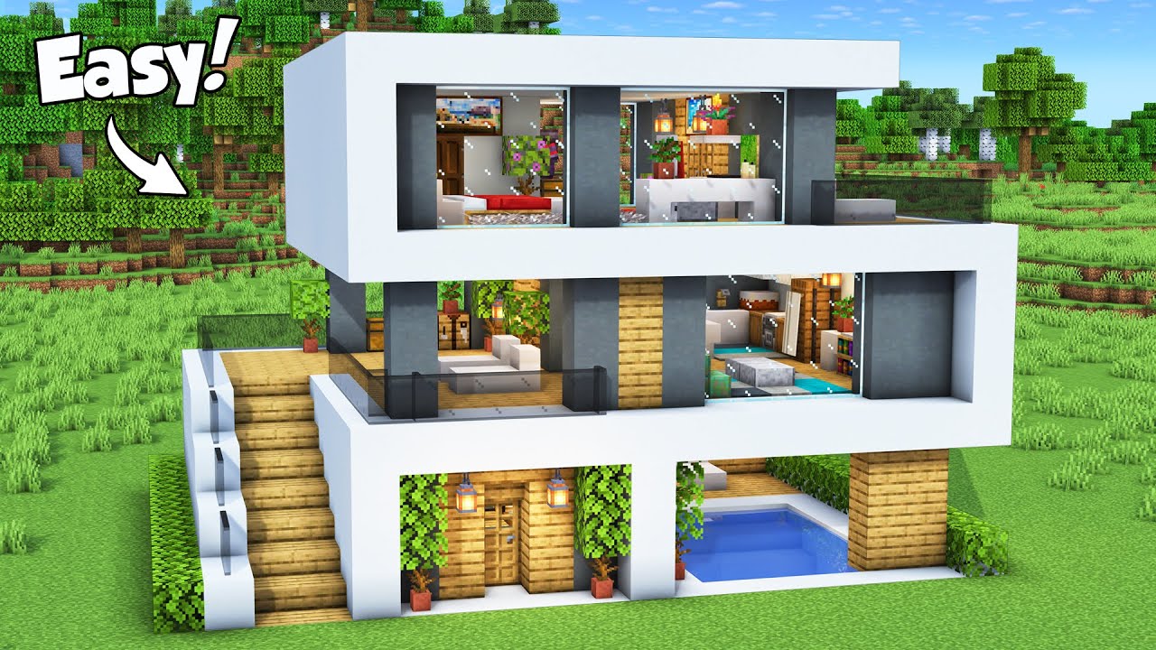 Minecraft: How to Build a Modern House Tutorial (Easy) #82 - Interior in Description!