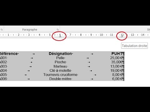 Taquets de tabulation Word pour des alignements en colonnes