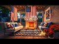 Cozy American Porch Fireplace Ambience Crackling Fire Crickets Far Away Patriotic Folk Music