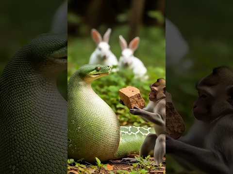 A Brave Monkey vs Python: The Rescue of a Baby Rabbit 🐰 #animals #snake #rescue
