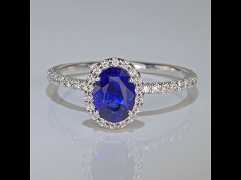 14K White Gold Oval Sapphire and Diamond Halo Ring 1.38cts