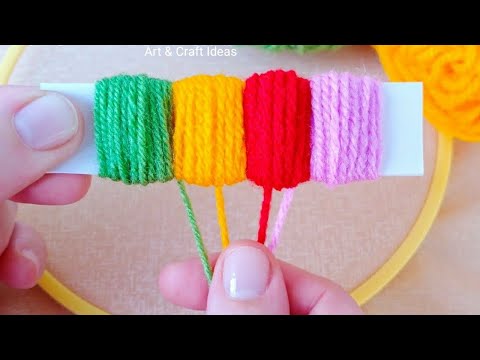 Superb Woolen Flower Making Trick Using Paper | Hand Embroidery Flower Design | Art And Craft Ideas