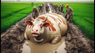 a heavy cow stuck in mud saved by rescue team ( A Rescue Mission )