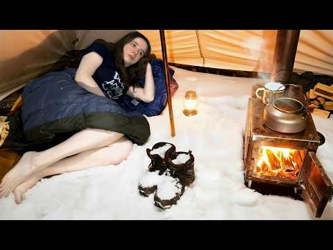 Solo Girl Camping in a Heavy Snowstorm ❄️ Hot Tent Survival in the Freezing Mountains