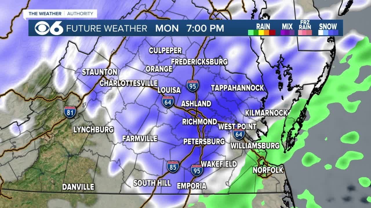 Updated hour-by-hour look at winter storm in Virginia Monday
