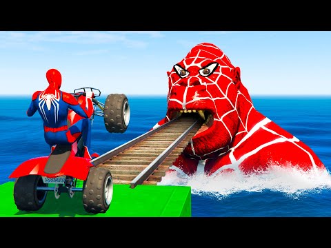 SPIDER MAN against SPIDER GORILLA on Quad Bike in SPIRAL BRIDGE Stunt Ride Ragdolls | GTA MULTIVERSE