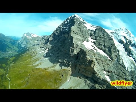Swiss Eiger Northface view from very small quadcopter flying high and fast!