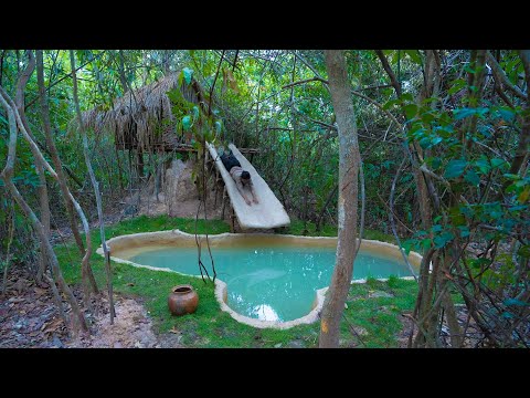 Girl Build tree house with Swimming Pool slide by ancient skills