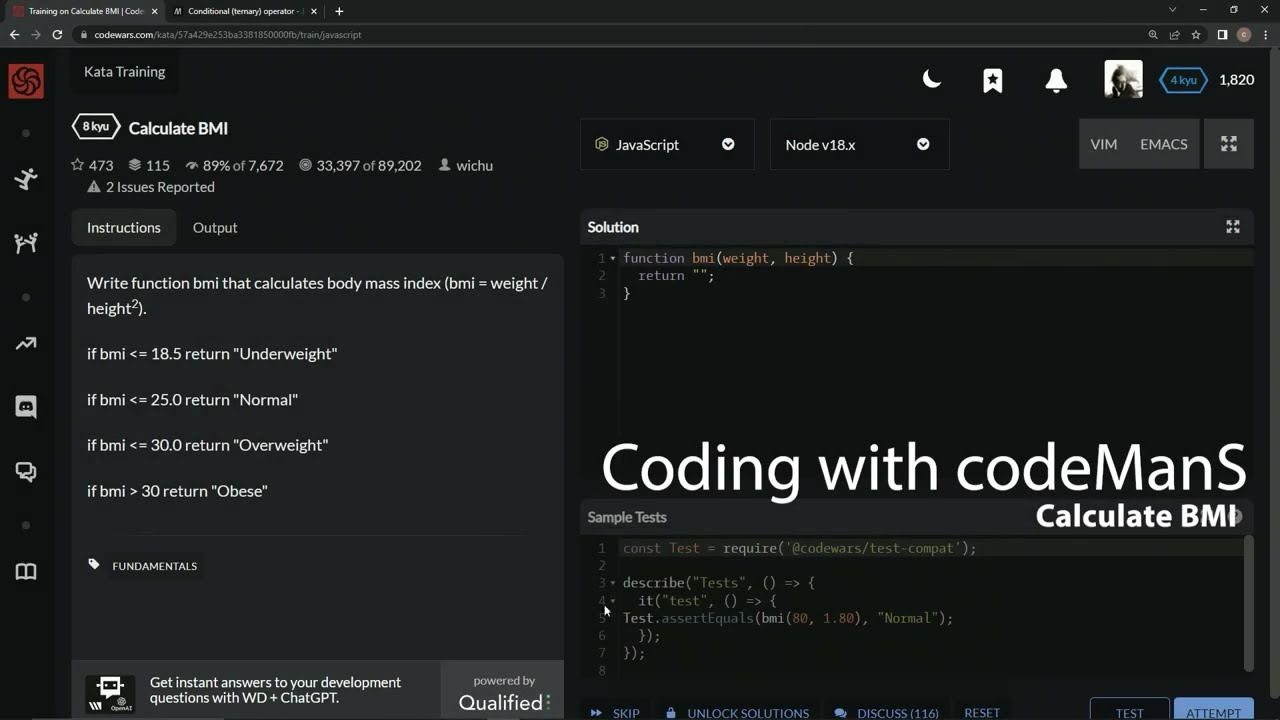 Codewars 8 kyu Calculate BMI JavaScript